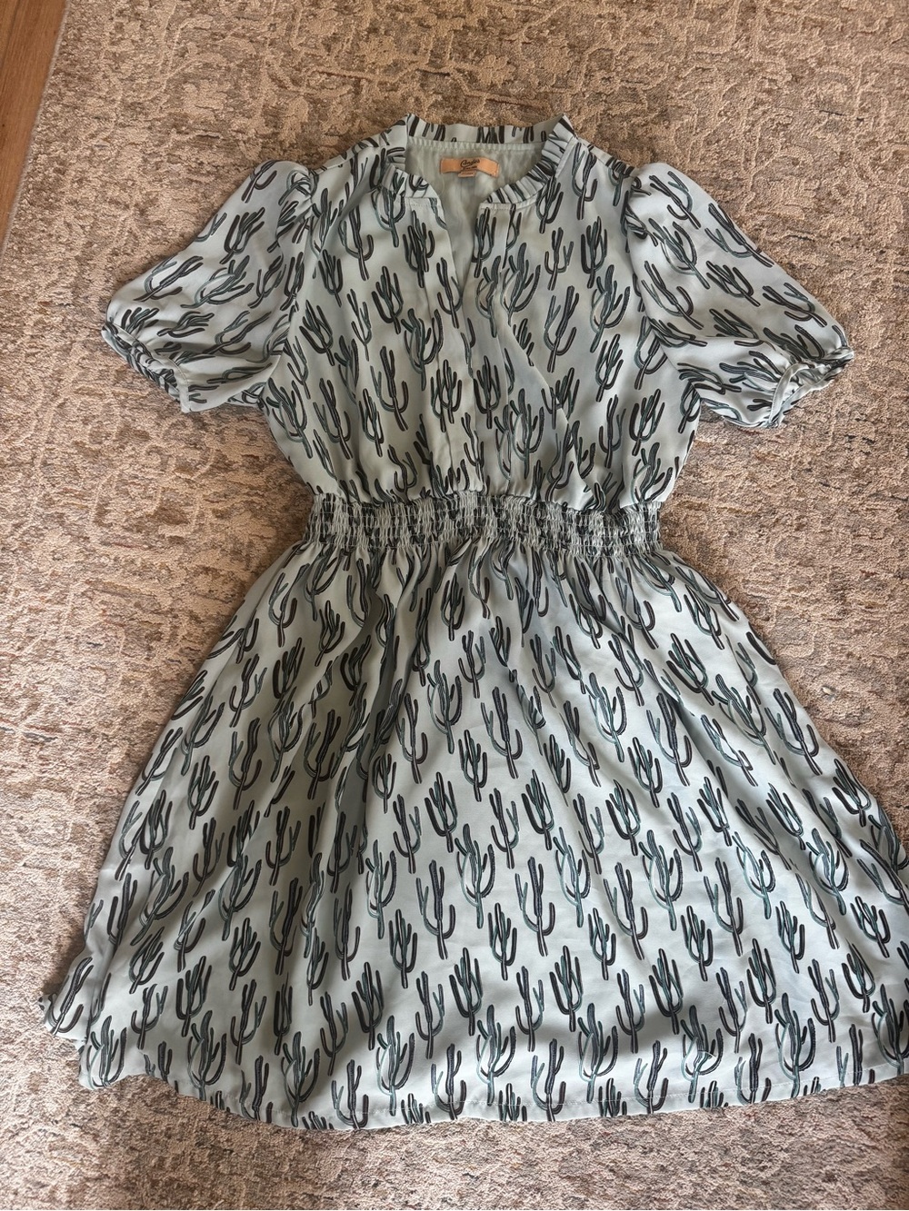 Candie's Sage Green Cactus Print lined Smocked Waist Dress Size M